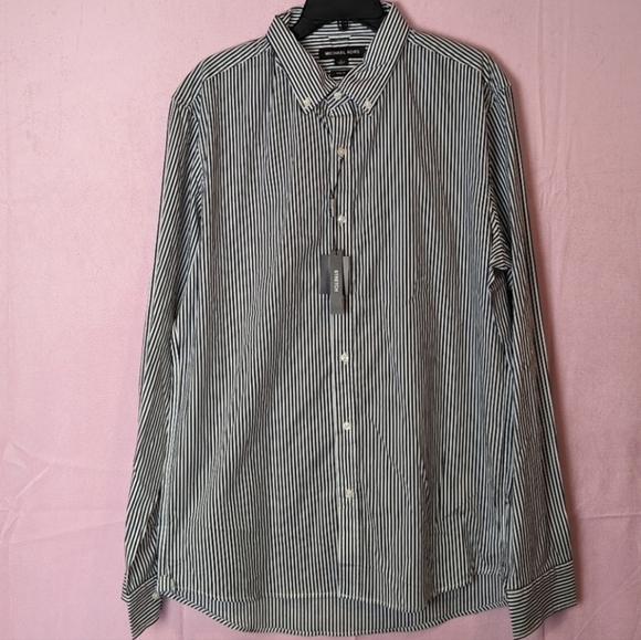 Michael Kors Midnight and White Striped Slim Fit Button Down Dress Shirt Large - Picture 1 of 8